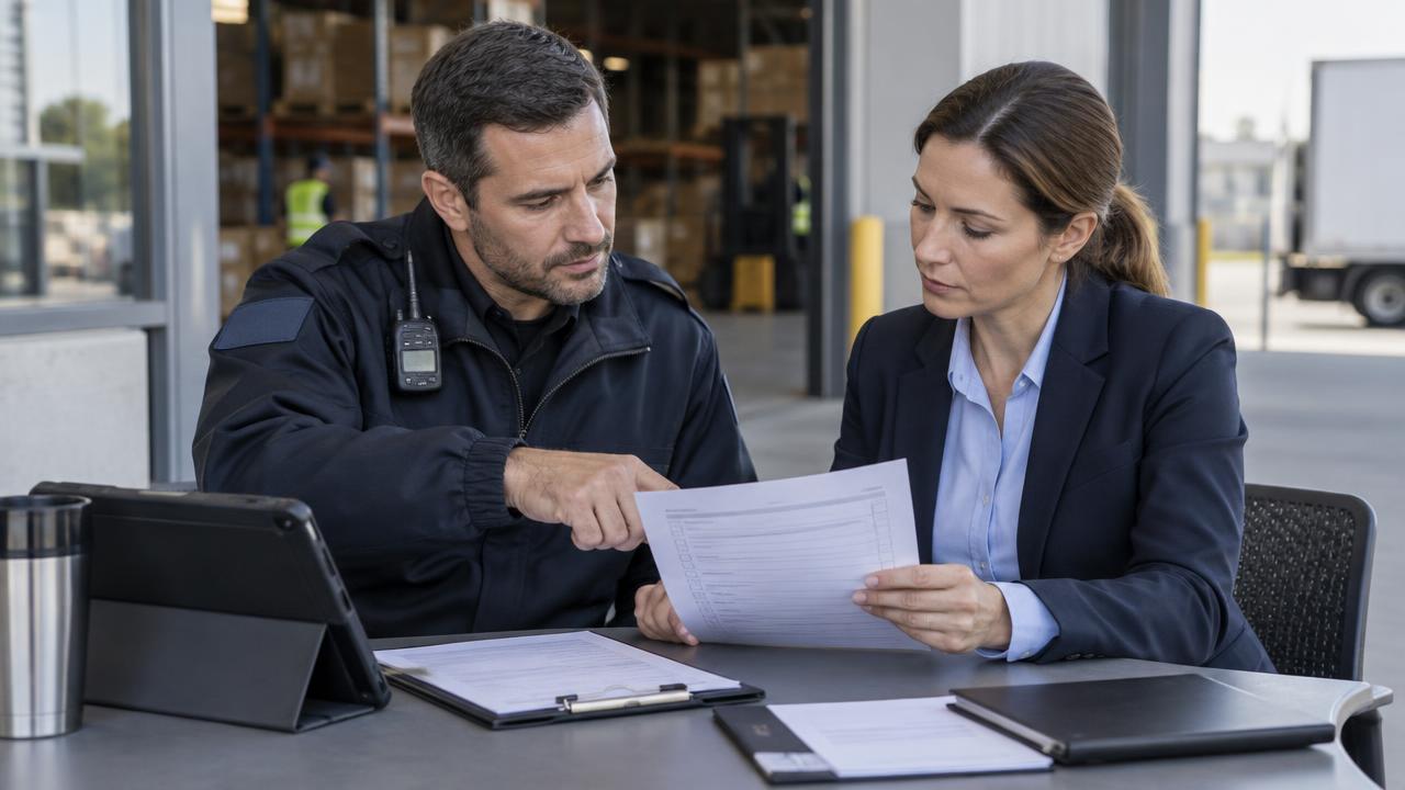 Supervisor de seguridad y jefe de operaciones del cliente revisando juntos las novedades del servicio junto a una bodega