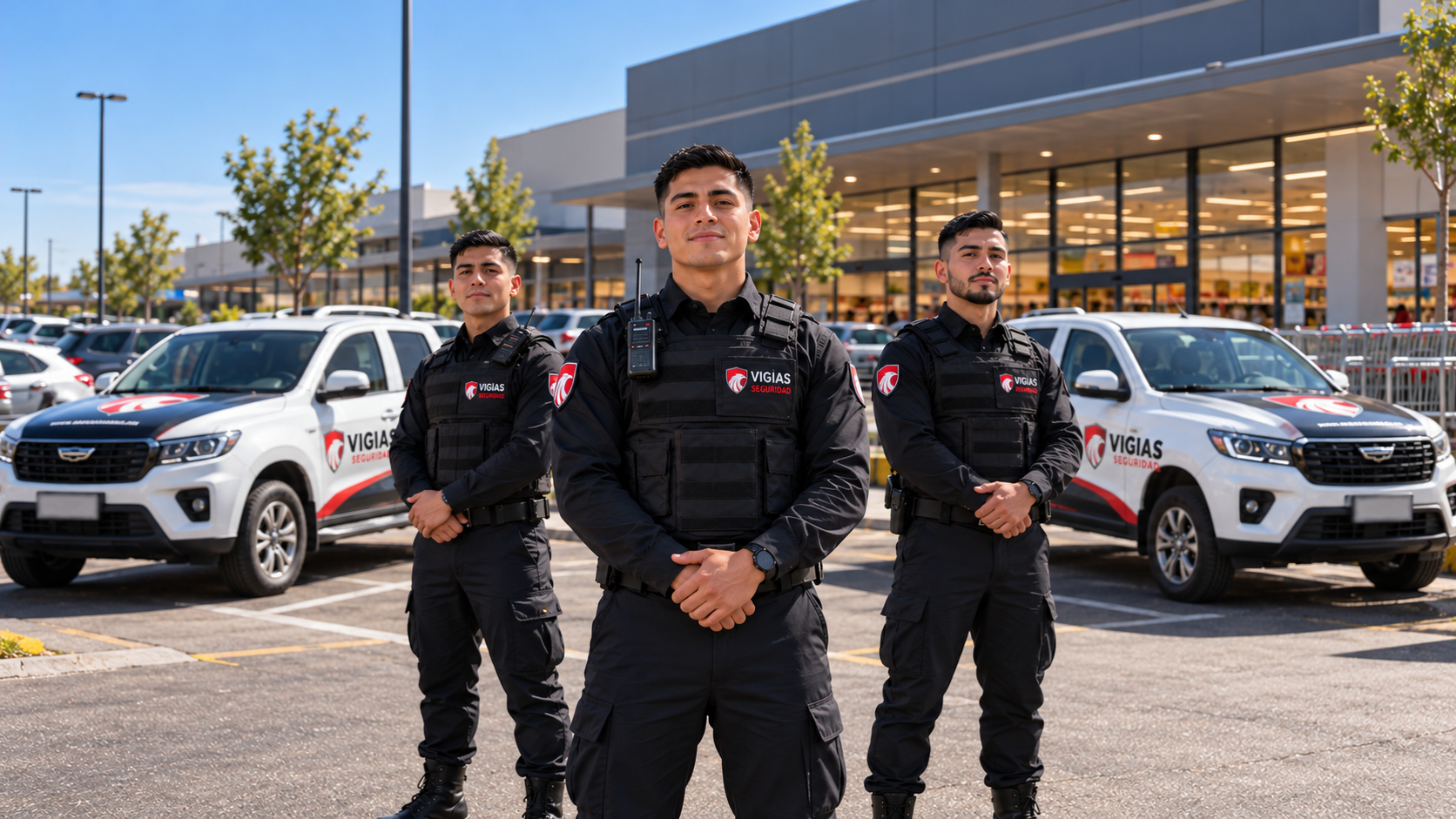 Equipo de guardias de Vigías Seguridad junto a sus vehículos