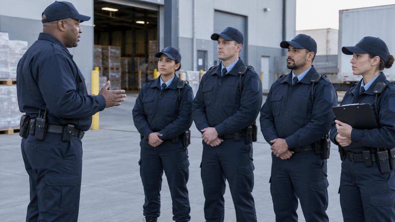 Supervisor de seguridad instruyendo a un equipo de guardias al inicio de su primer turno en el acceso de una bodega
