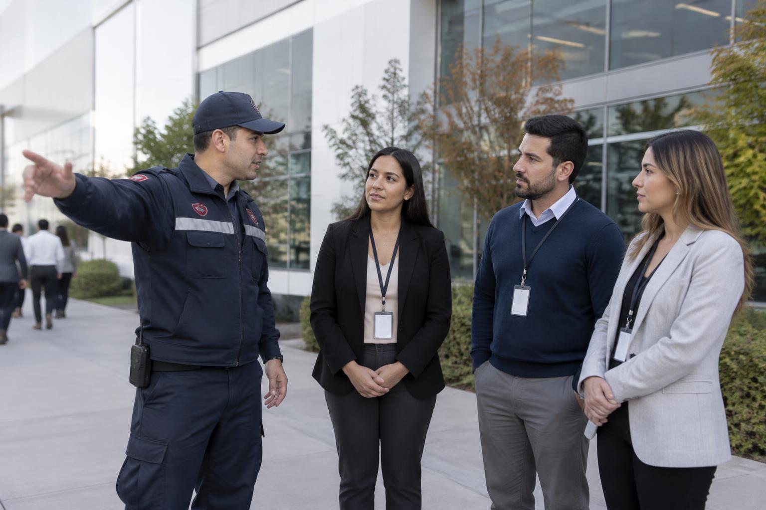 Escena ilustrativa de un equipo de seguridad orientando a trabajadores durante una preparación de emergencia