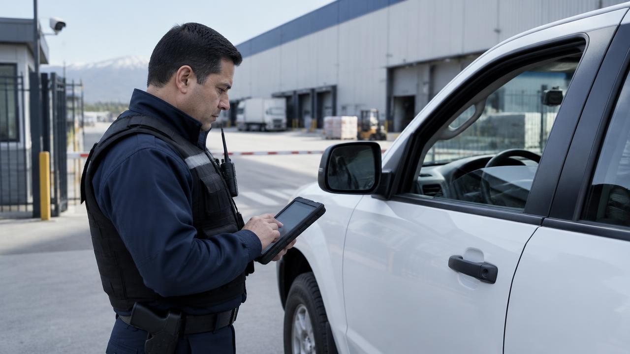 Supervisor de seguridad revisando reportes junto a un vehículo operacional en el acceso de una bodega